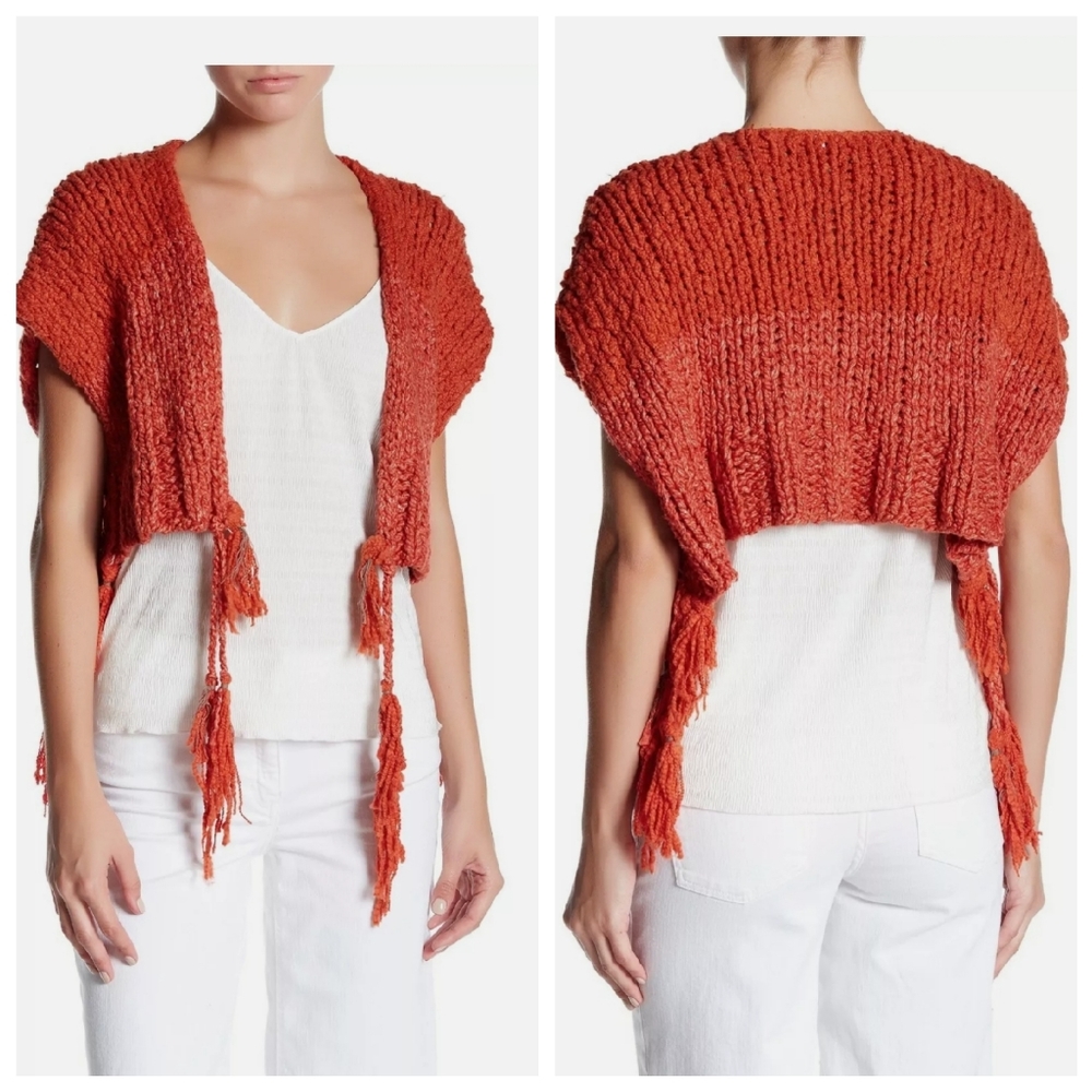 Free People Tassels Away Shrug Open Front Knit Red Combo Crop Sweater NWT Sz S